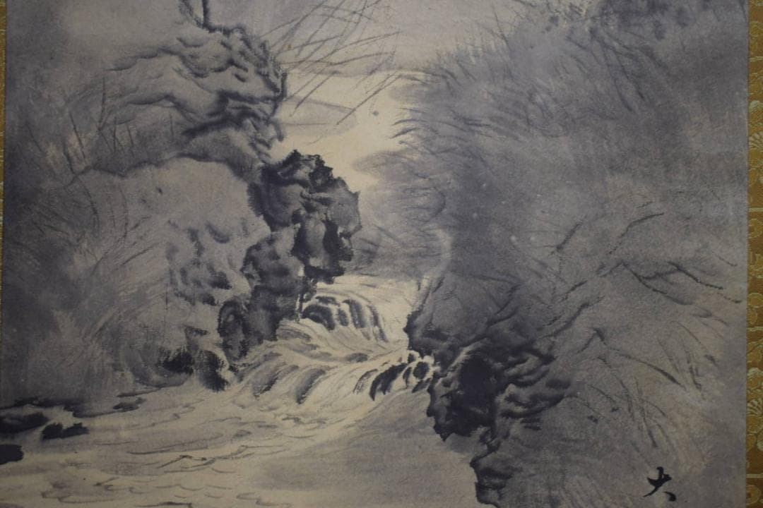 真作/小村大雲/水墨山水/夕景山水図/桐題箱付/布袋屋掛軸HJ-36