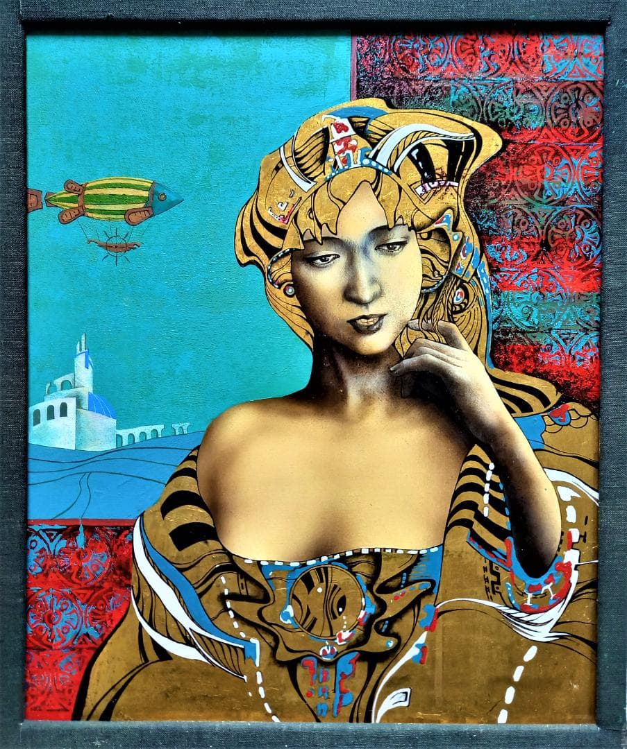 作者不詳　仮タイトル「ドレスを着た婦人図」Ｆ8号油彩画金が使われた豪華装飾　額装