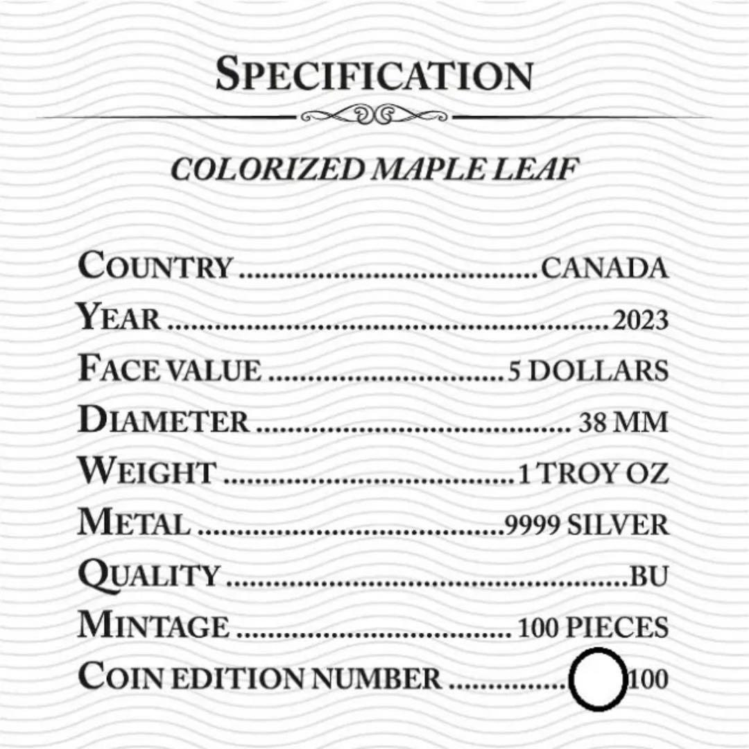 世界100枚限定！ メイプルリーフ 銀貨 カラー シェパード 1オンス 1oz