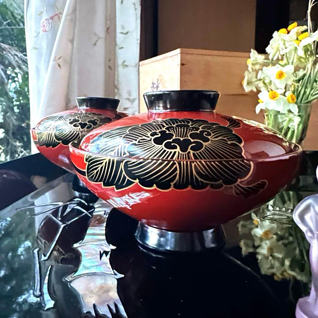 2208様感謝‼️洗朱❌黒JAPAN輪島蒔絵牡丹　独楽椀天然木本漆特製吸物椀5客