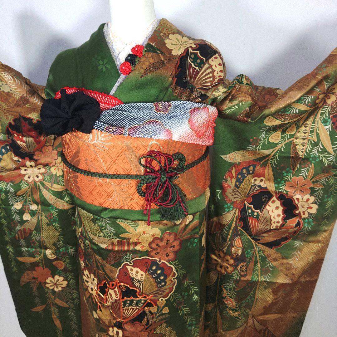 振袖　完全フルセット　24点　成人式　結婚式　前撮り　グリーン　緑　蝶々　美品