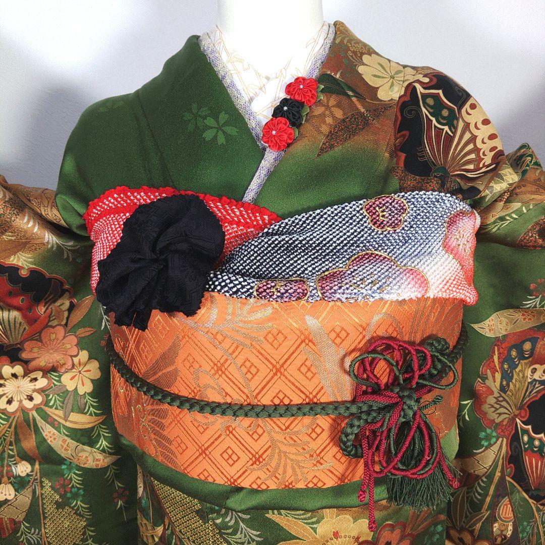 振袖　完全フルセット　24点　成人式　結婚式　前撮り　グリーン　緑　蝶々　美品