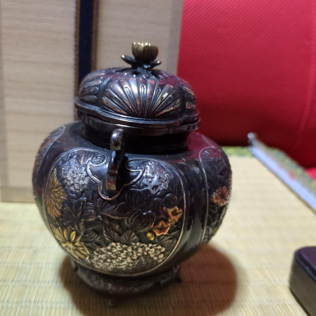 高岡銅器 香炉 花彫刻 桐箱付