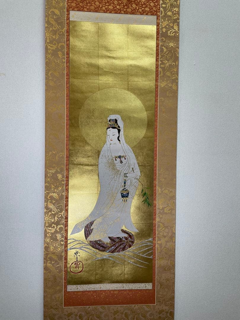 西陣織観音菩薩 掛軸 金色螺鈿加工　美品