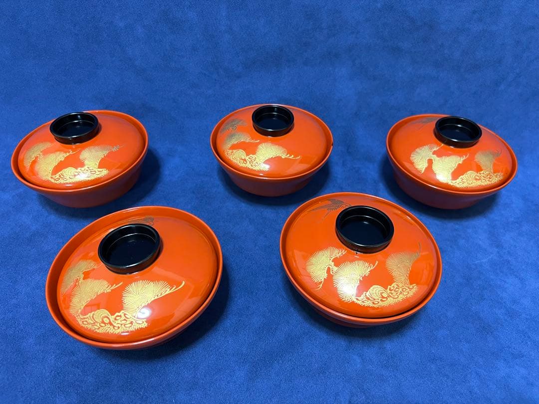 漆器　輪島塗　木製　蒔絵　蓋付椀　汁椀　5客　時代物　在銘稲森　木箱あり