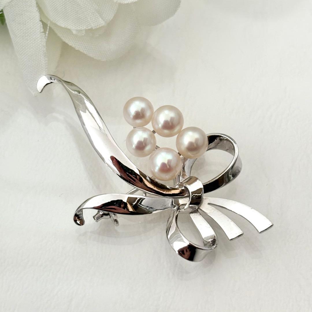 248【ミキモト】シルバー　パール　ブローチ　リボン　花束