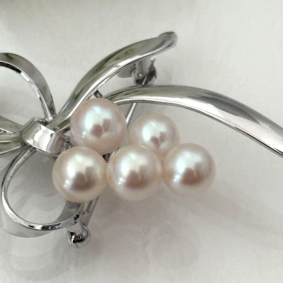 248【ミキモト】シルバー　パール　ブローチ　リボン　花束