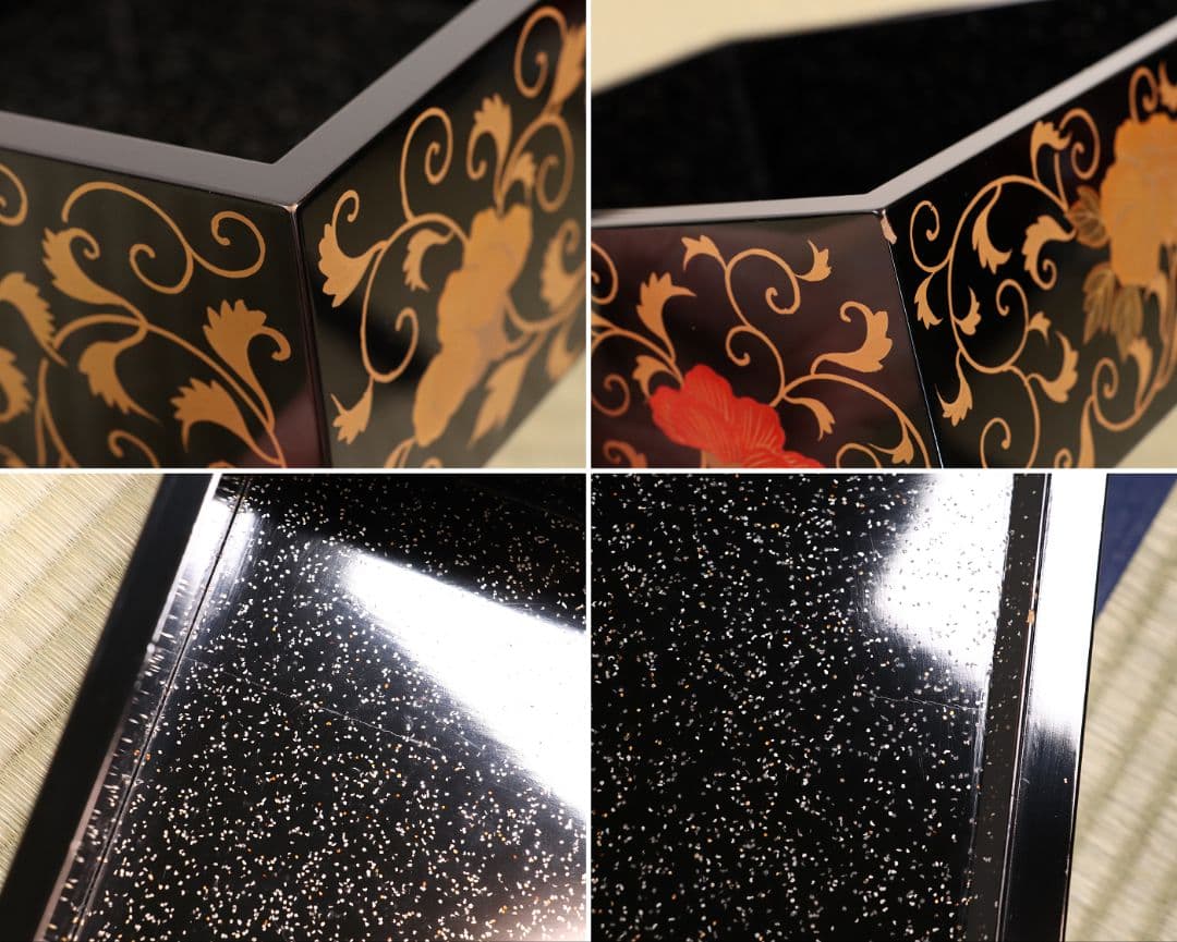 時代 牡丹唐草金蒔絵 黒塗 梨地 五段重 重台 桔梗紋 松鶴 共箱【MA120】