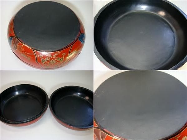 食籠■朱塗り漆器 古い蓋物 象嵌 菓子鉢 鳳凰 花唐草 魚 時代物 骨董品■