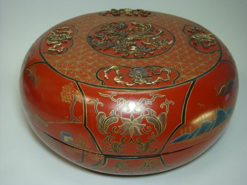 食籠■朱塗り漆器 古い蓋物 象嵌 菓子鉢 鳳凰 花唐草 魚 時代物 骨董品■