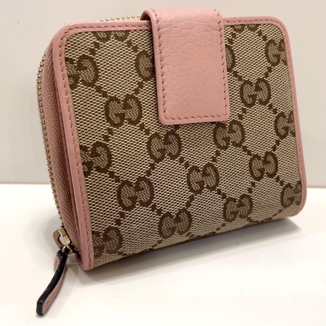 グッチ 折り財布 GGキャンバス GG ラウンドファスナー コンパクト ピンク