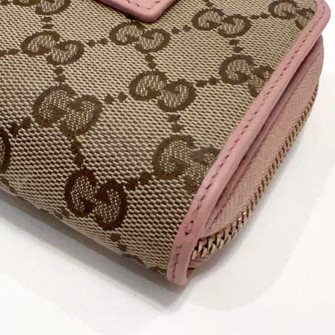 グッチ 折り財布 GGキャンバス GG ラウンドファスナー コンパクト ピンク