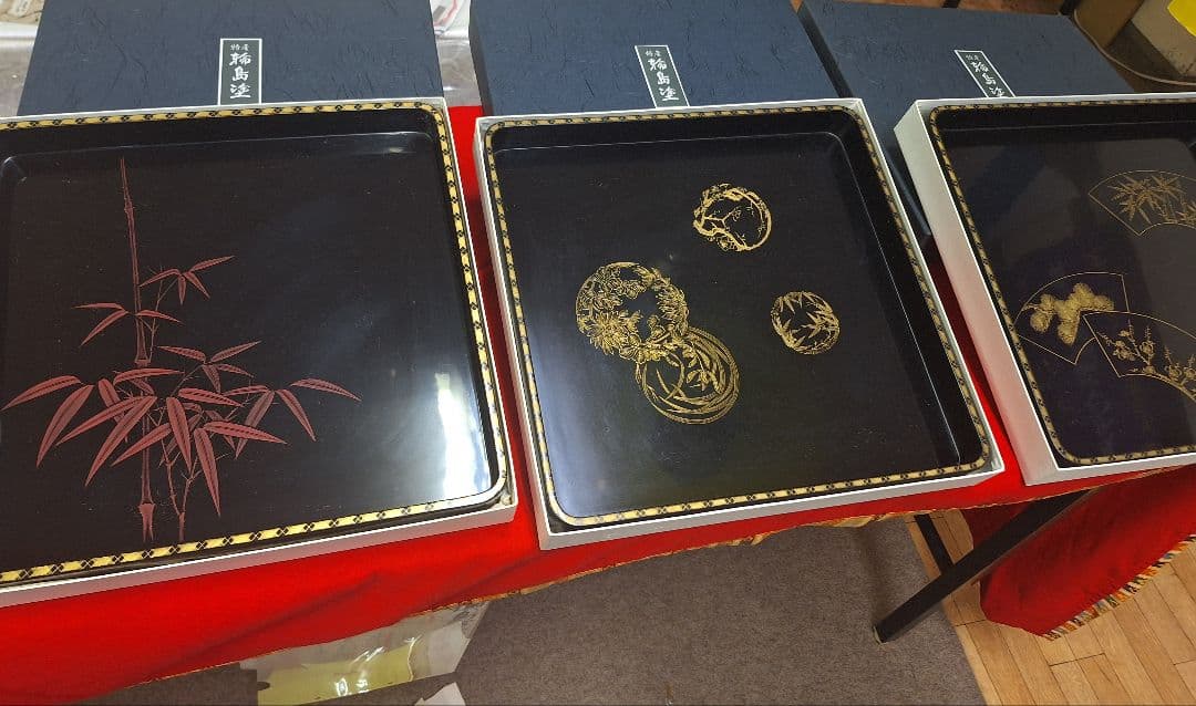 新品!輪島塗祝盆　扇面　沈金　アジロ網代付き