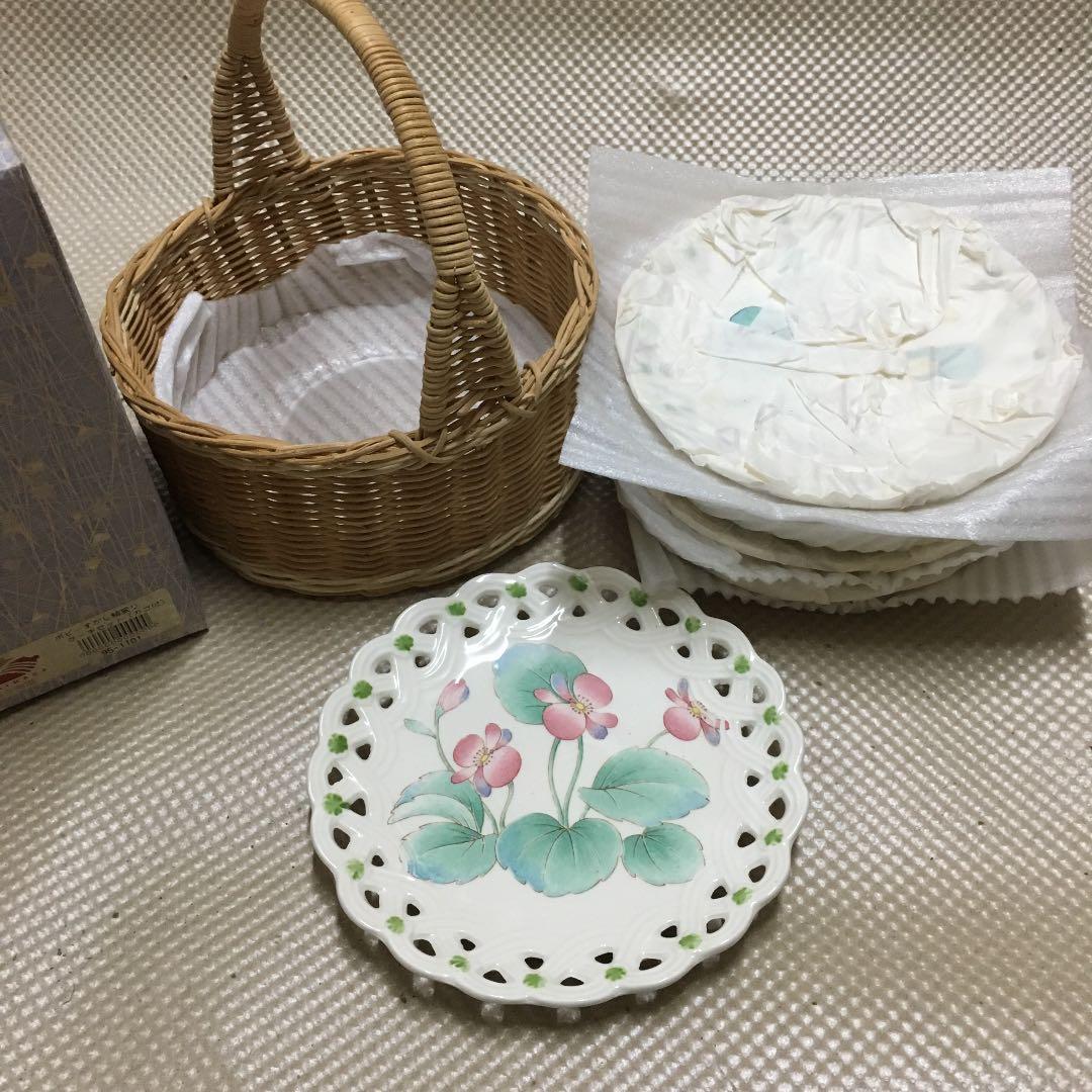 0653　富永陶園 ポピーすかし絵変わり ケーキセット カゴ付