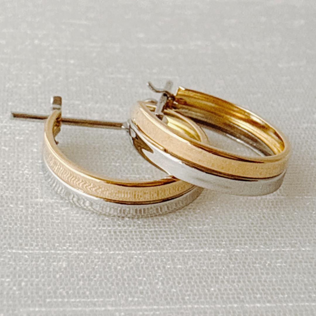 18金+プラチナ【2連コンビフープピアス】刻印入 日本製 ペア 新品！