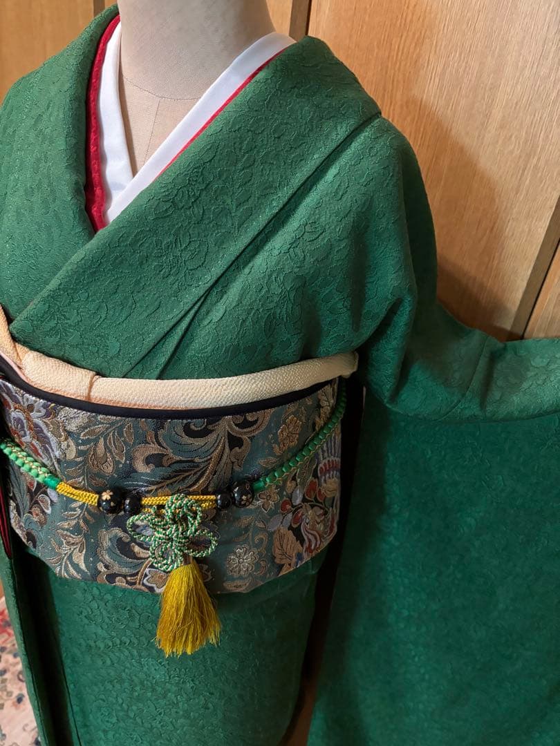 正絹　辻ヶ花地文　正絹無地振袖 花紋　トールゆったりサイズ エメラルドグリーン