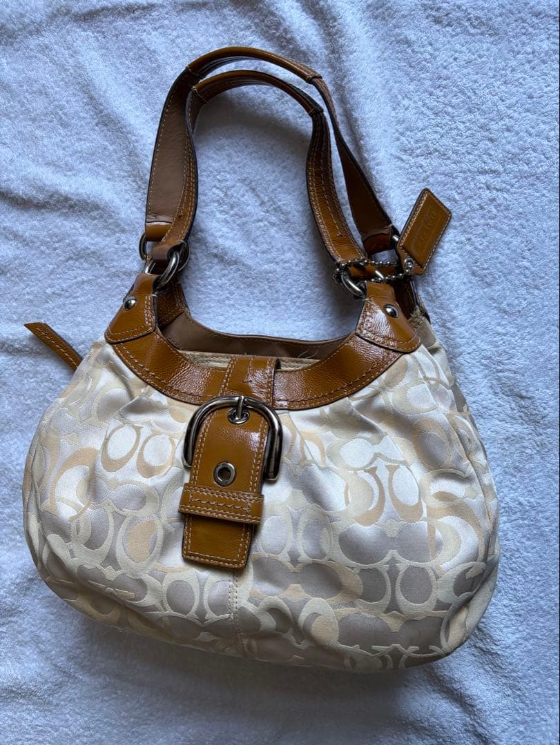 COACH アイボリー/ブラウン ショルダーバッグ真品保証