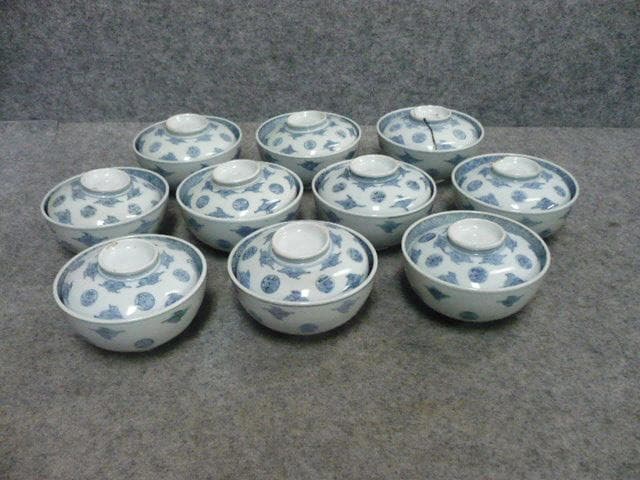 古伊万里 丸寿文 染付 蓋茶碗 10個 [B31378]