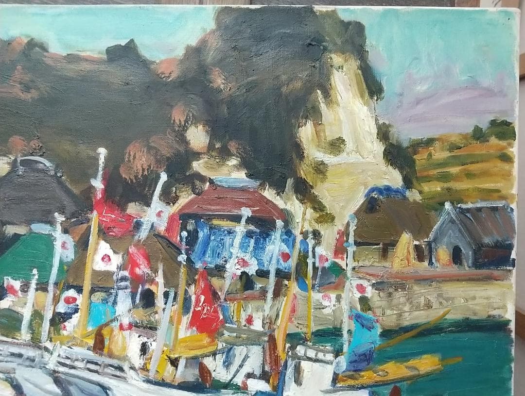 「浜の正月」F10 '68 油絵 絵画 油彩画 日本 日の丸 国旗