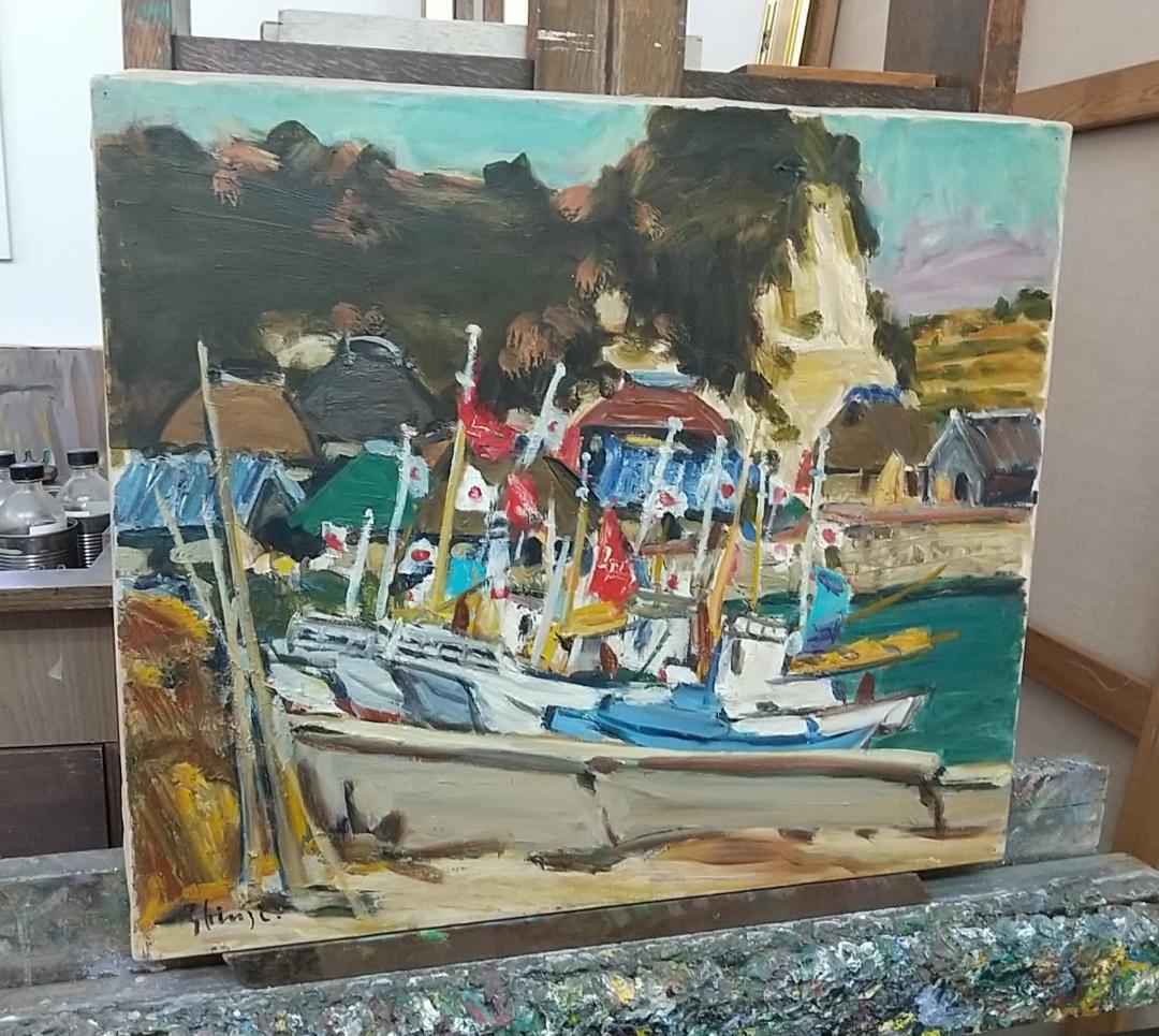 「浜の正月」F10 '68 油絵 絵画 油彩画 日本 日の丸 国旗