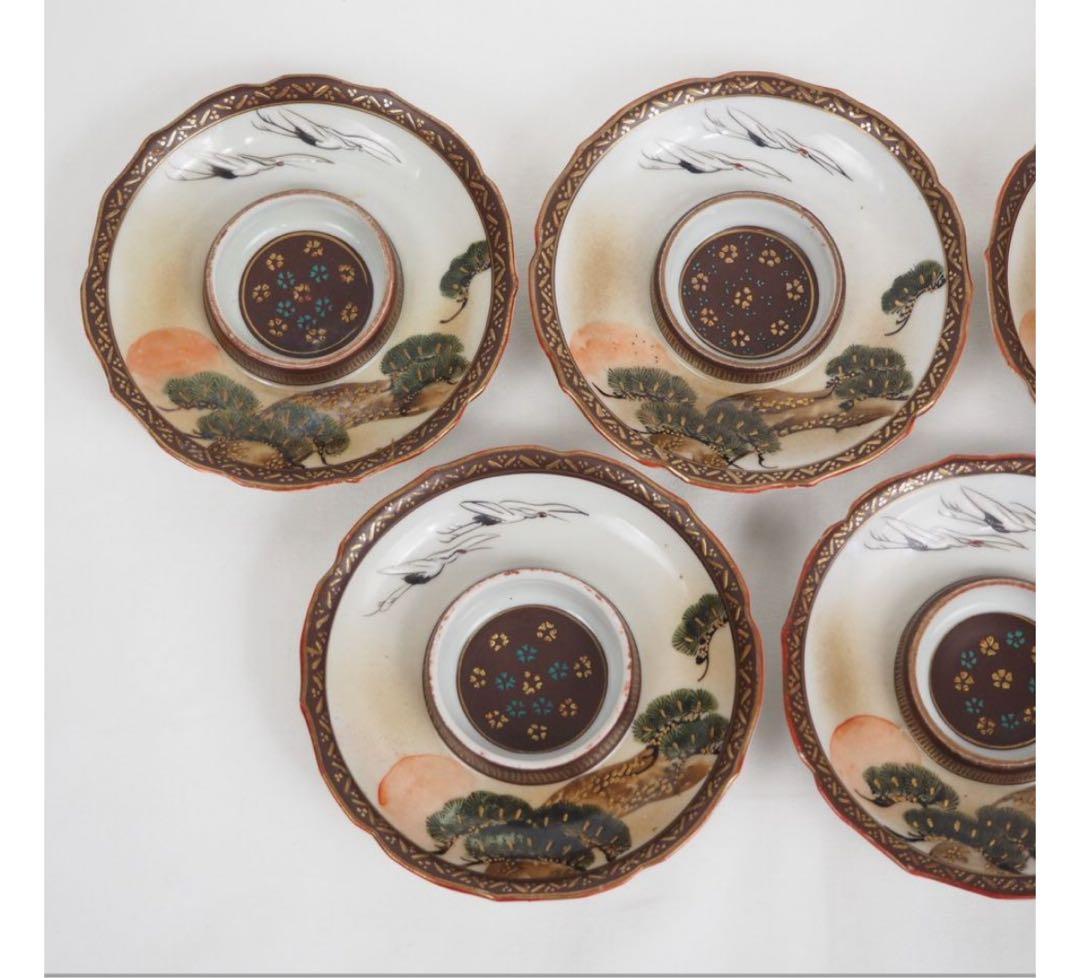 送料無料 明治～大正九谷焼　手描き松鶴紋杯台/盃台5客　完品無傷