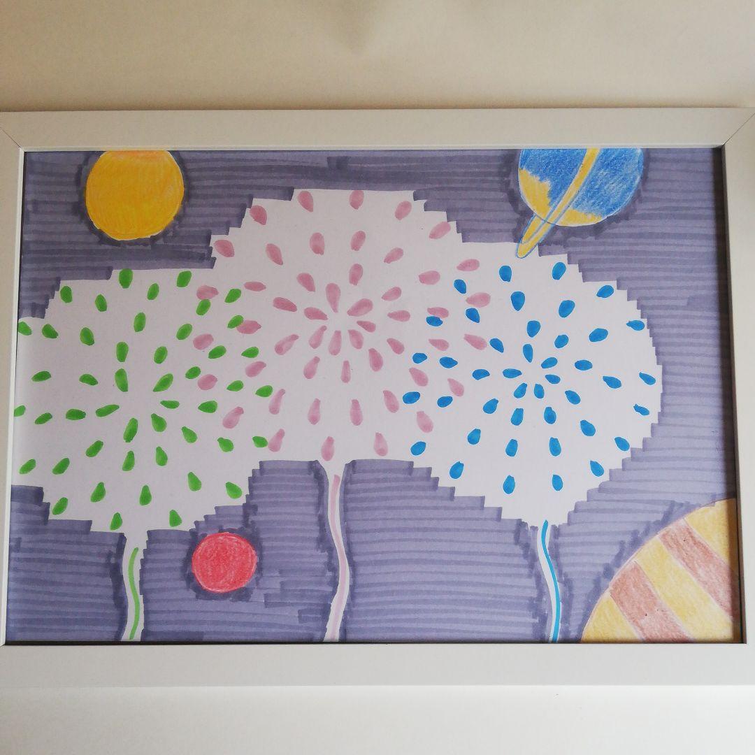花火と、宇宙「オリジナルイラスト絵画」A4サイズ