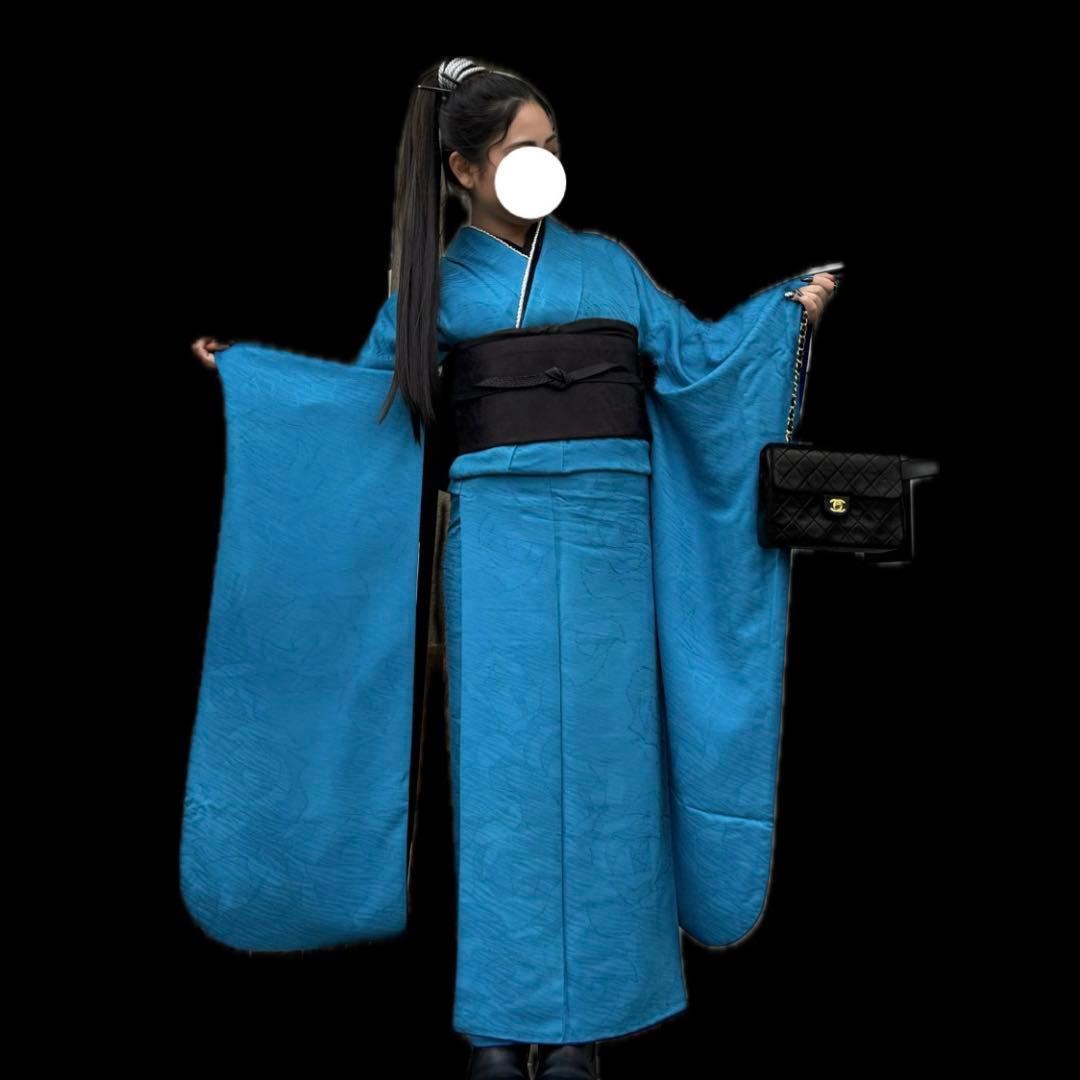 再開！！成人式振袖フルセット　無地　青　一点物