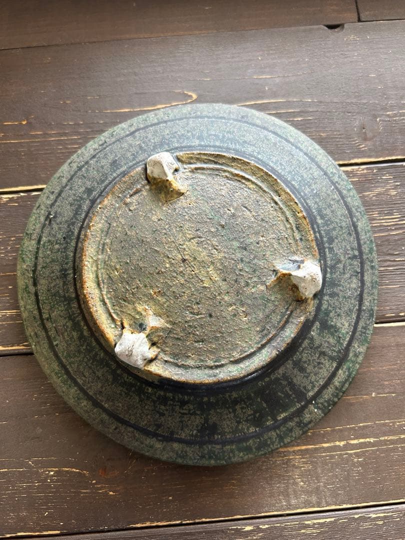 大嶺實清　大嶺工房　三つ足皿　陶器　沖縄　やちむん　緑　囍屋　グリーン　読谷