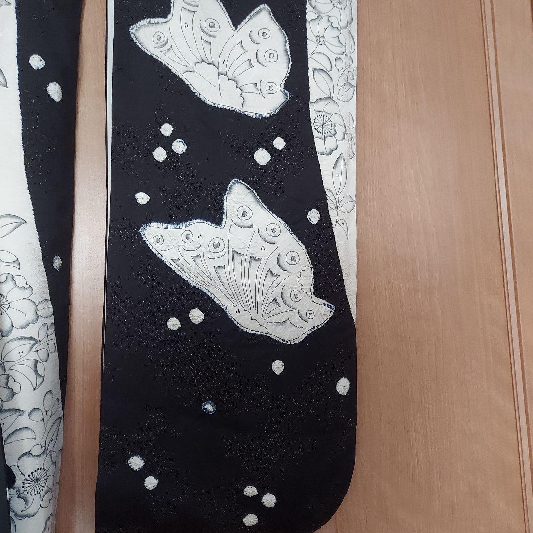 正絹振袖 蝶と辻ヶ花模様 黒と白 帯揚げ 帯締め 重ね襟 髪飾り