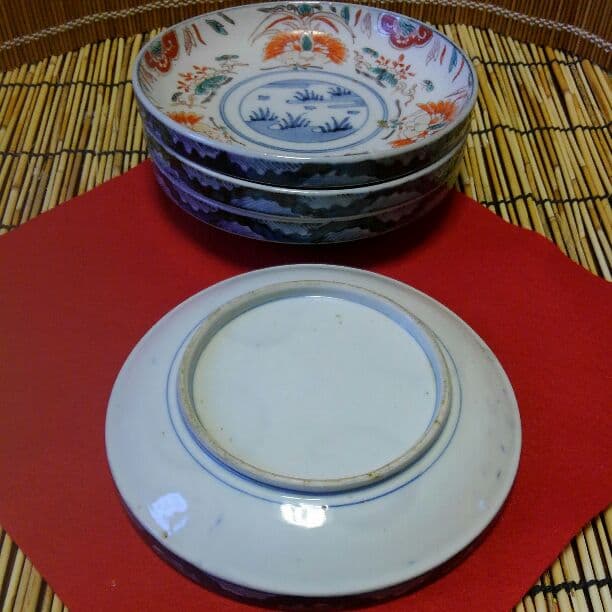 江戸後期古伊万里　染付色絵　鳳凰波千鳥文皿