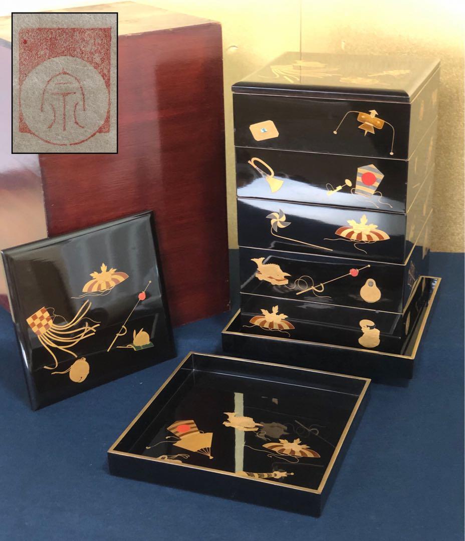 《R》玩具蒔絵 五段重 替蓋 重台付 在銘 木箱 時代 251204お3