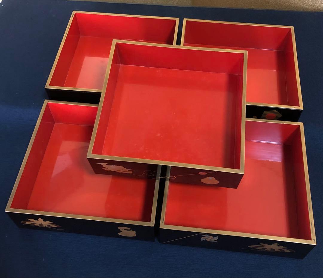 《R》玩具蒔絵 五段重 替蓋 重台付 在銘 木箱 時代 251204お3