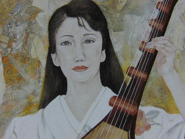 福田千恵、筑前琵琶、希少な画集より、新品高級額装付、状態良好