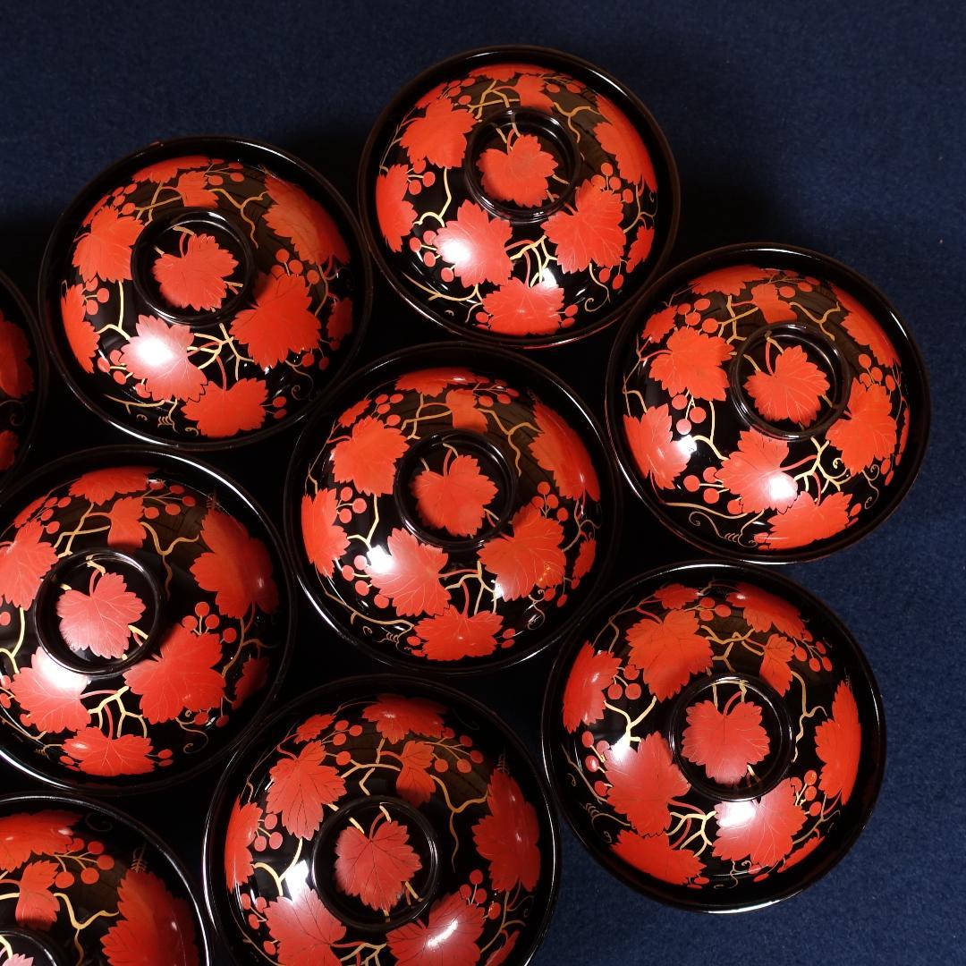 上品な逸品 天然木製漆器 紅葉蒔絵 吸物椀 10客 木箱付