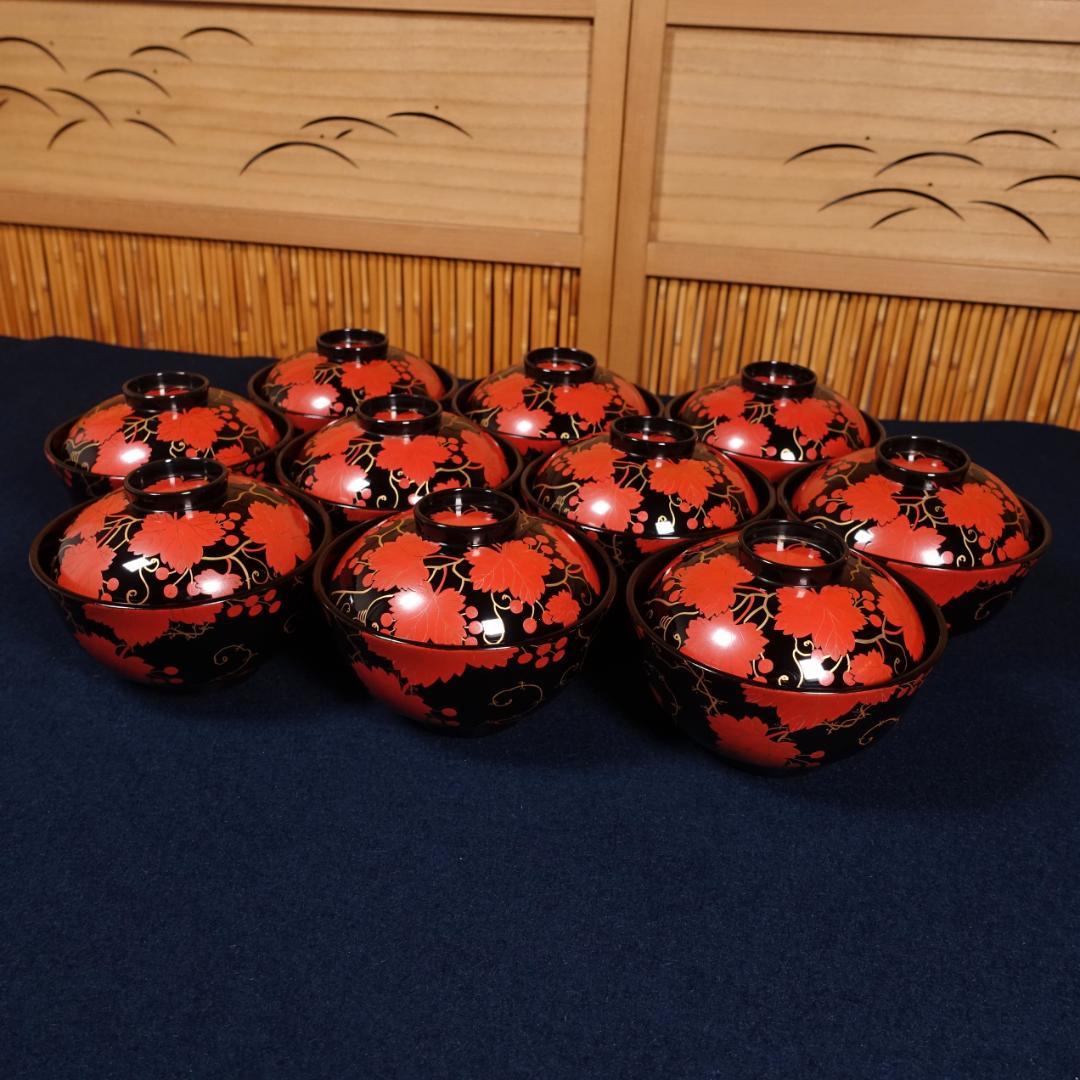 上品な逸品 天然木製漆器 紅葉蒔絵 吸物椀 10客 木箱付