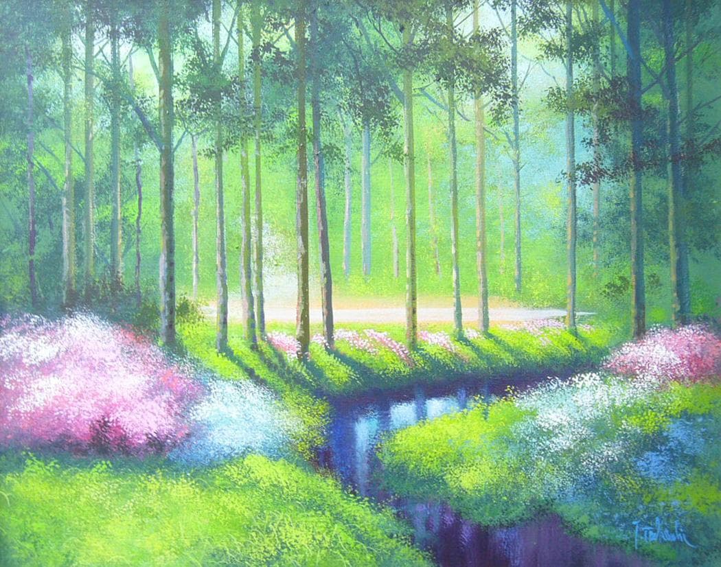 竹内敏彦・絵画・肉筆油絵・風景画 花咲く小川 F12