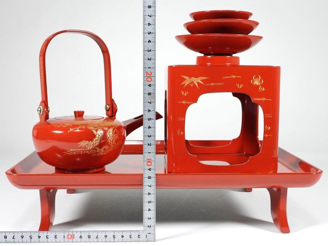 輪島塗　屠蘇器　本漆　沈金　松鶴亀紋 盃　銚子　盆　木製