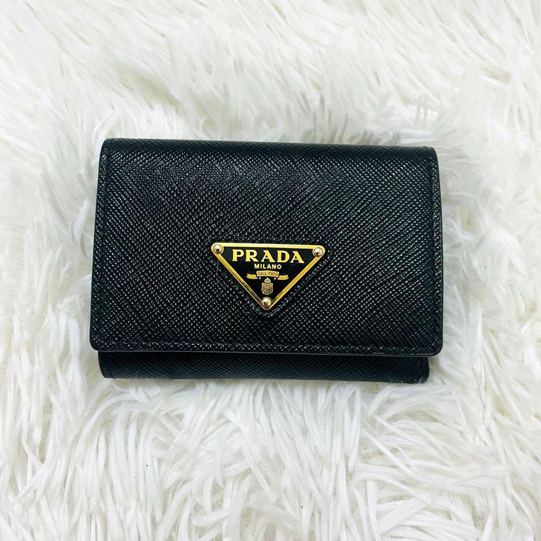 極美✨ 付属完備✨PRADA 三つ折り財布 サフィアーノ 三角ロゴ レザー 黒