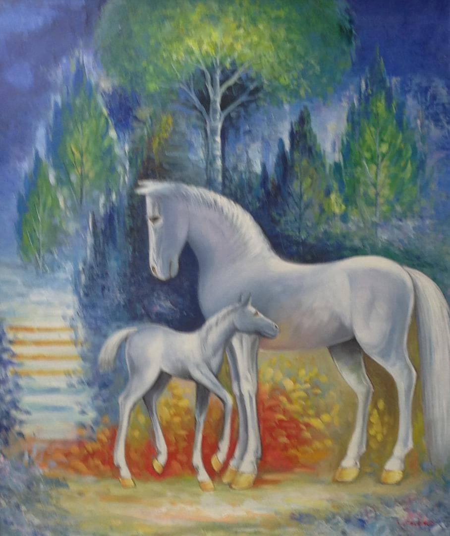 笠野大介 絵画 油絵 肉筆油絵 動物画 白馬の親子 F8