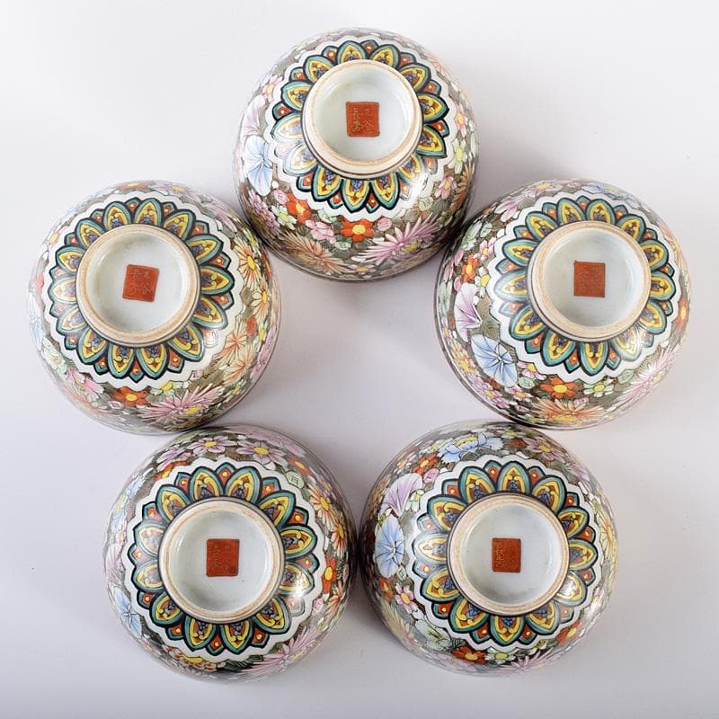 ぶりぶり煎茶道具　九谷焼　長寿造　色絵金彩　百花文　茶器揃　K　R8034