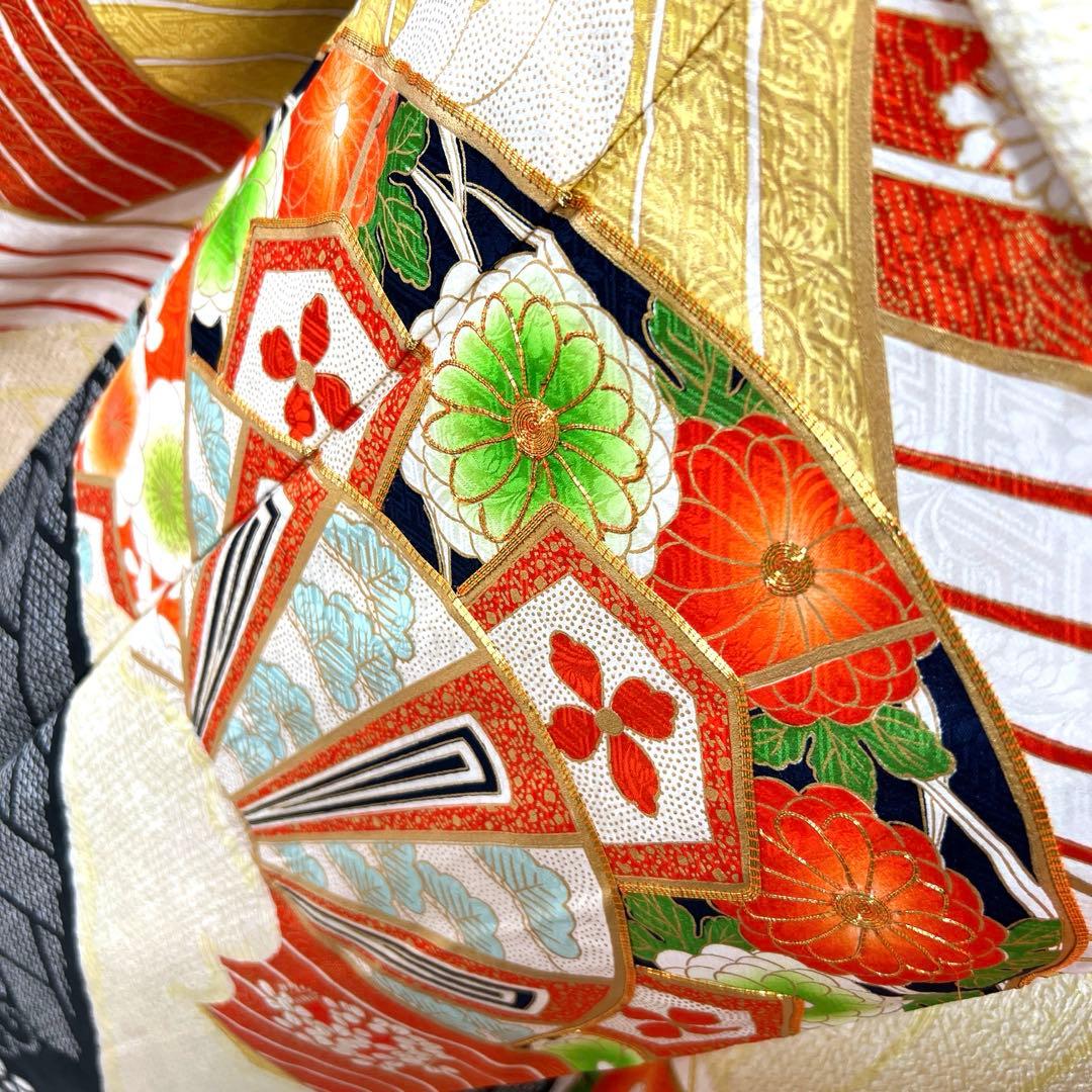 386 振袖フルセット 正絹 橙 黄色 黒 絞り 金彩 駒刺繍 レトロ 古典柄