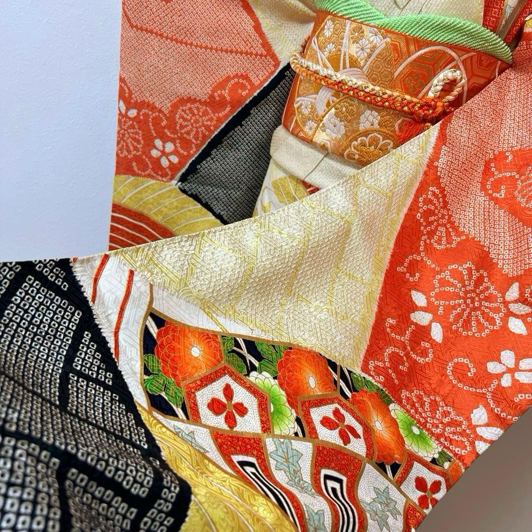 386 振袖フルセット 正絹 橙 黄色 黒 絞り 金彩 駒刺繍 レトロ 古典柄
