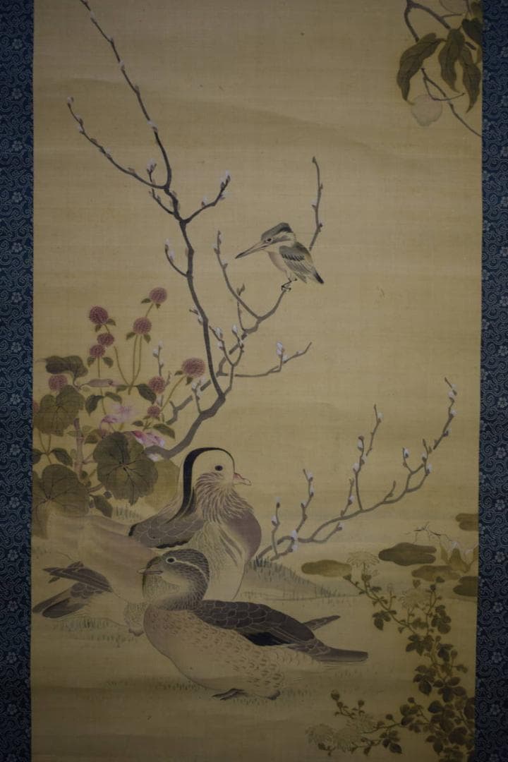 真作/松村景文/花鳥図/桃鴛鴦翡翠図/桐極箱二重箱付/布袋屋掛軸HH-493