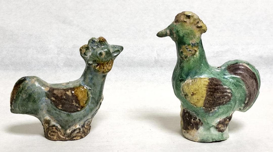 唐時代 唐三彩対鶏 伝世品焼物 保証 陶器 中国美術 ウブ品 WWTT174