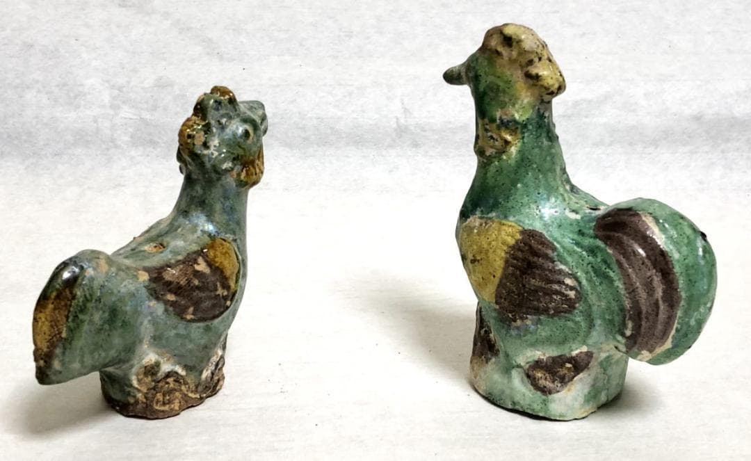 唐時代 唐三彩対鶏 伝世品焼物 保証 陶器 中国美術 ウブ品 WWTT174