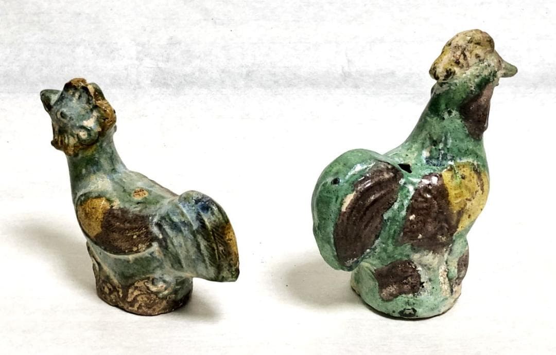 唐時代 唐三彩対鶏 伝世品焼物 保証 陶器 中国美術 ウブ品 WWTT174