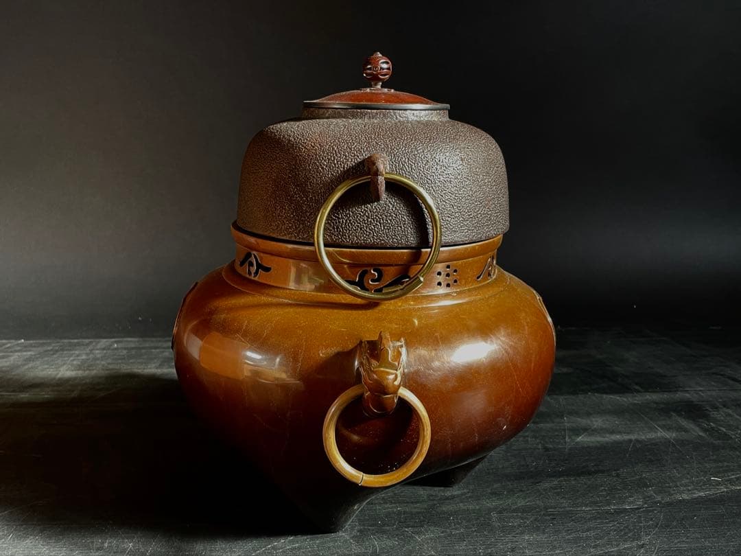 「母」 唐銅鬼面風炉 梨地丸釜添 風炉釜 釜師 敬典 共箱 茶道具 (123あ)