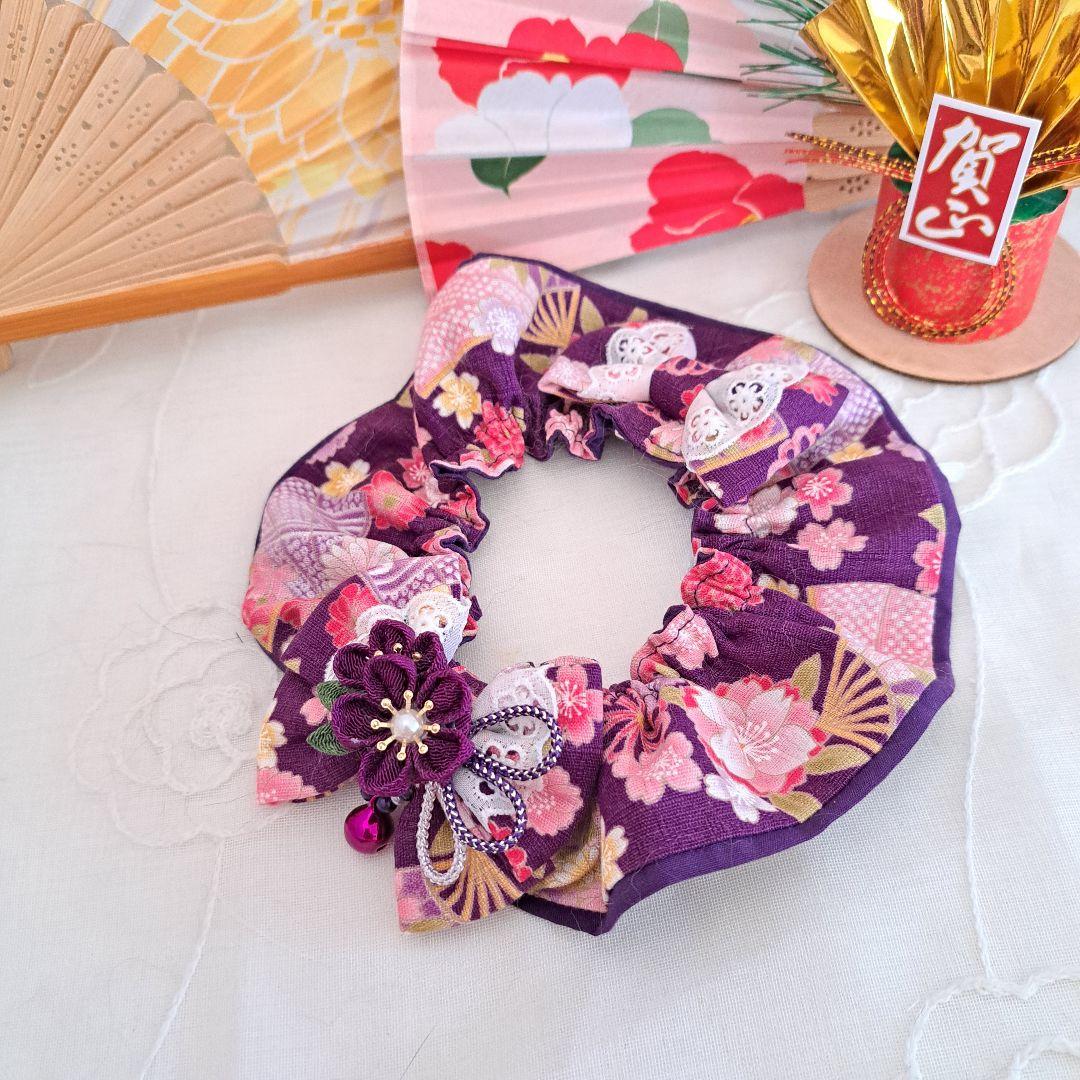 幅広シュシュ、和風妻み細工(濃紫)わんちゃん猫ちゃん用