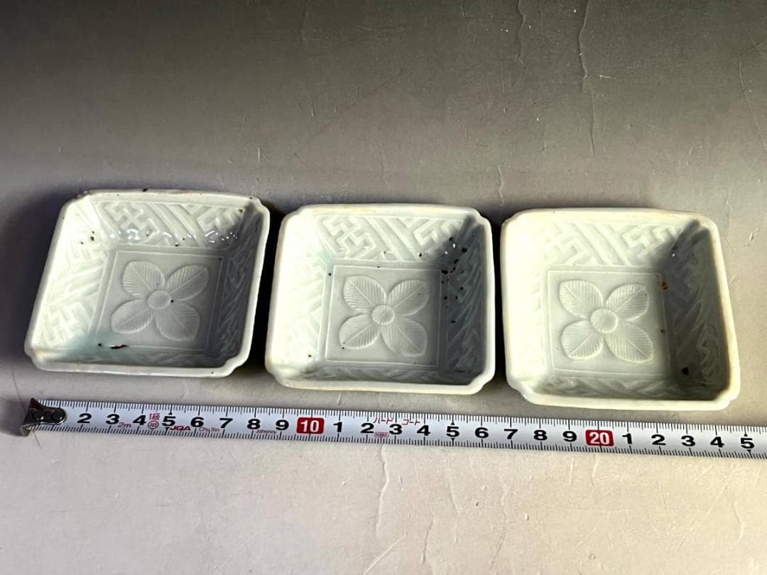 小皿■花紋四角白磁3枚 江戸期 角皿 古美術 時代物 骨董品■