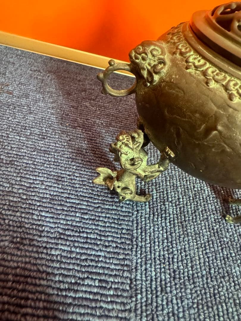 1817 高岡銅器　須賀七郎作　月芳　蝋型鋳銅　三獅子　香炉　時代物